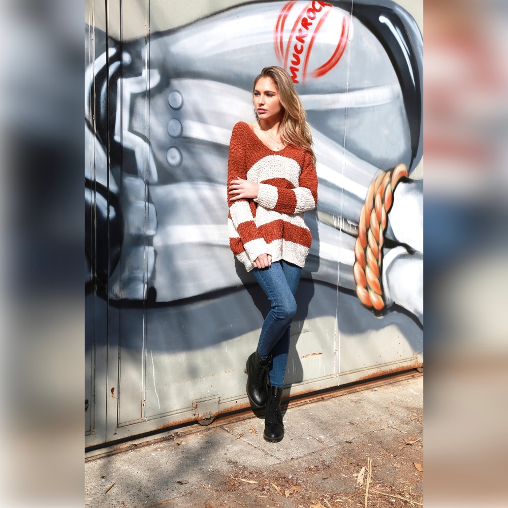 Soft Sherpa V Neck Stripe Oversize Sweater - Picture 5 of 5